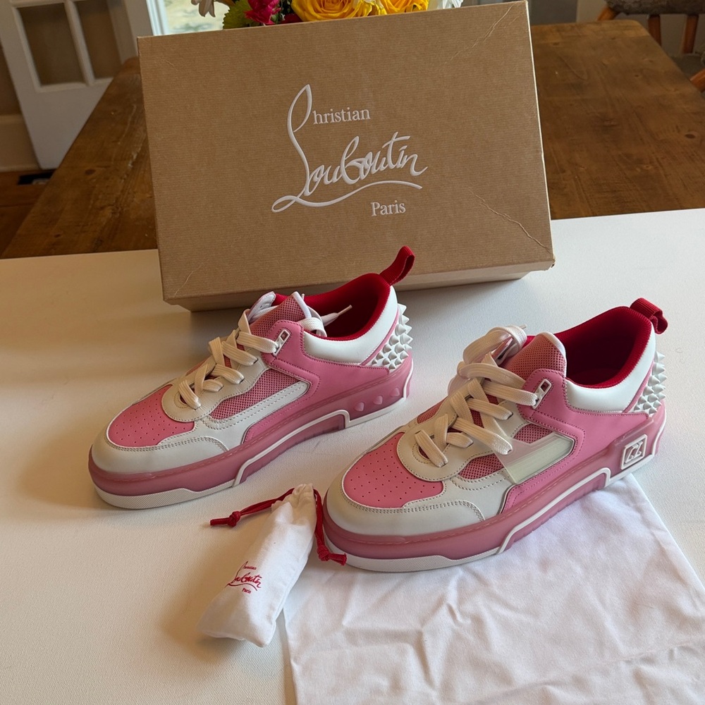New Christian Louboutin Astroloubi Men 43.5/10.5 leather-trimmed sneakers pink - Picture 2 of 11